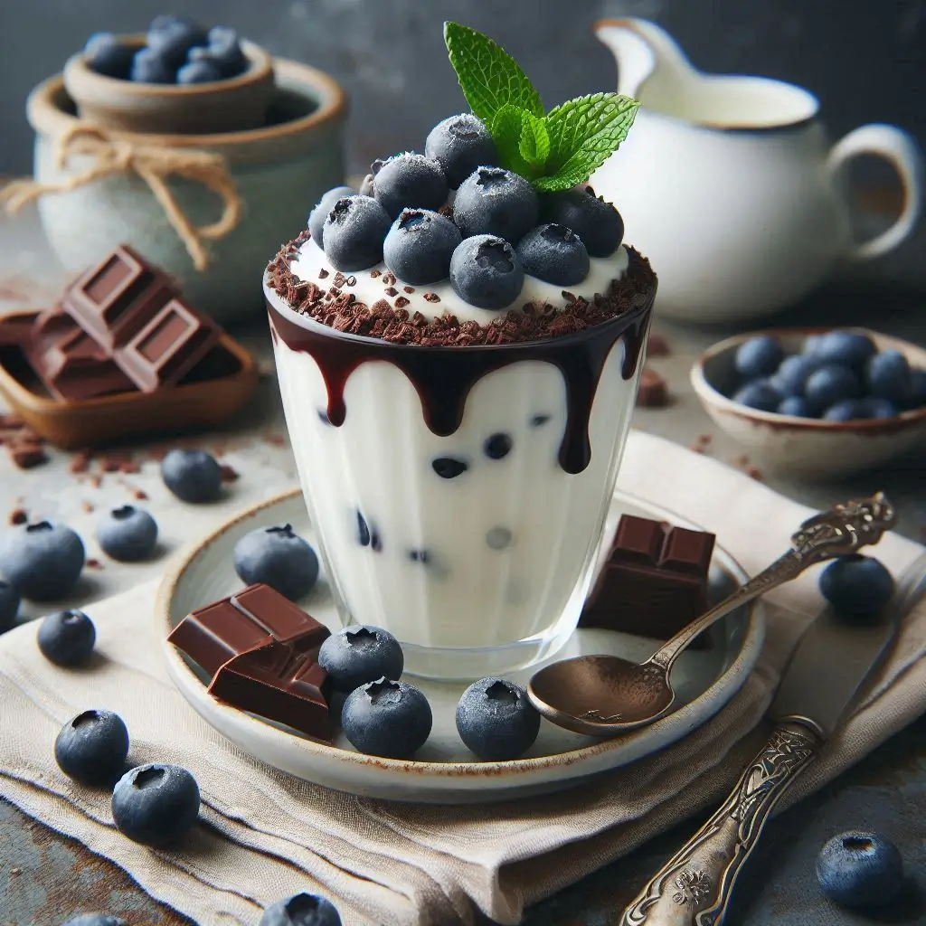 Crema Yogurt con Mirtilli e Salsa al Cioccolato