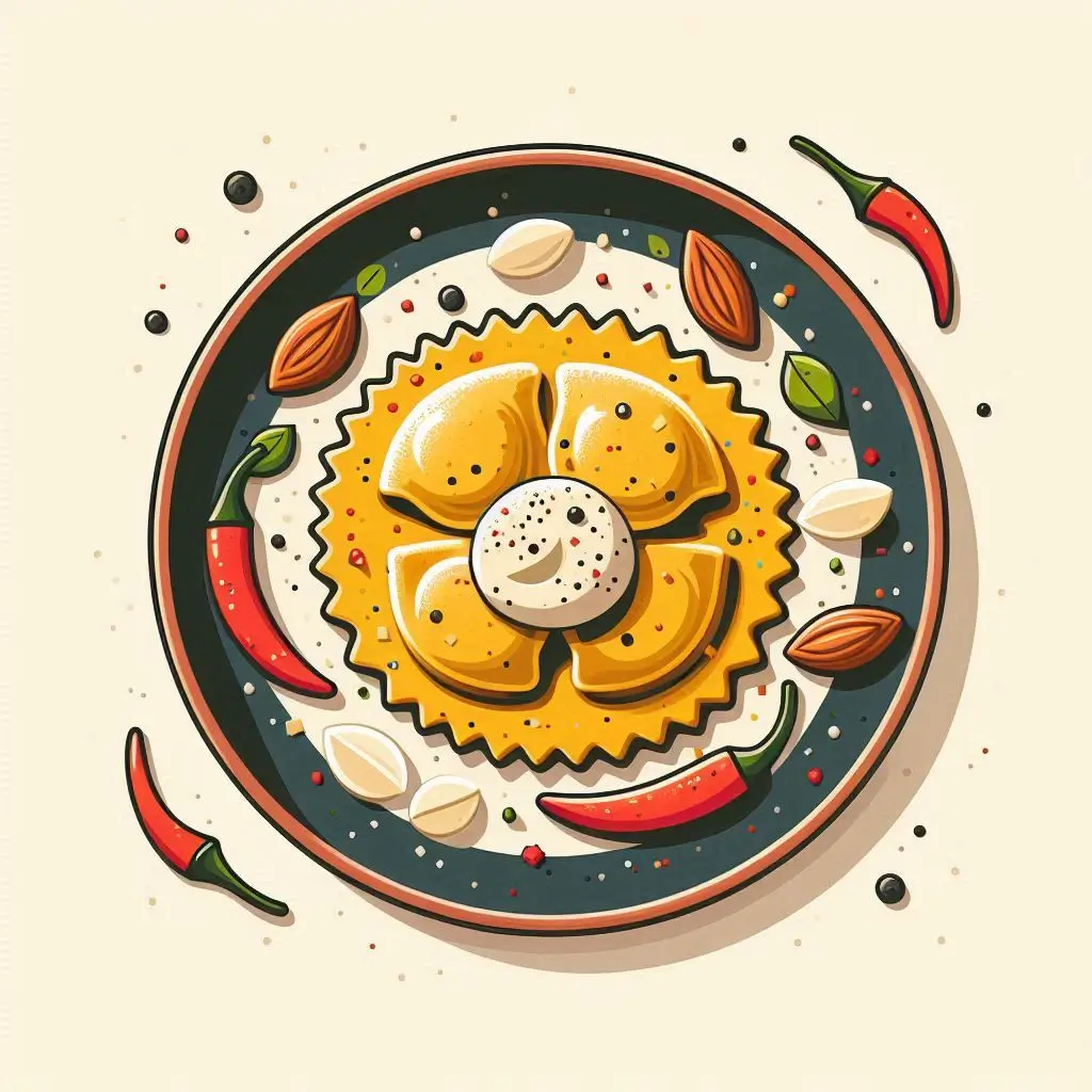 Ravioli con Crema di Peperoni e Mandorle